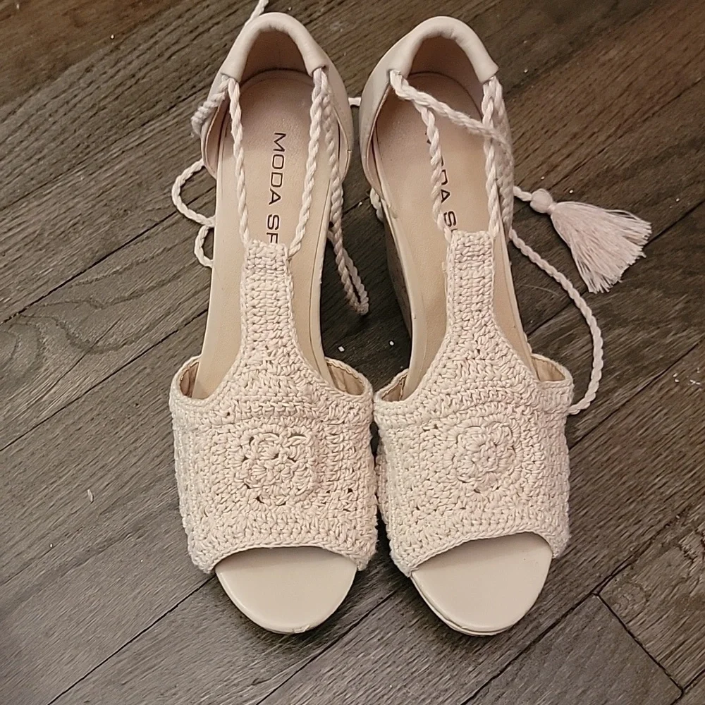 MODA SPANA cork wedge heel strappy embroidery Sz 9.5 - Picture 3 of 7